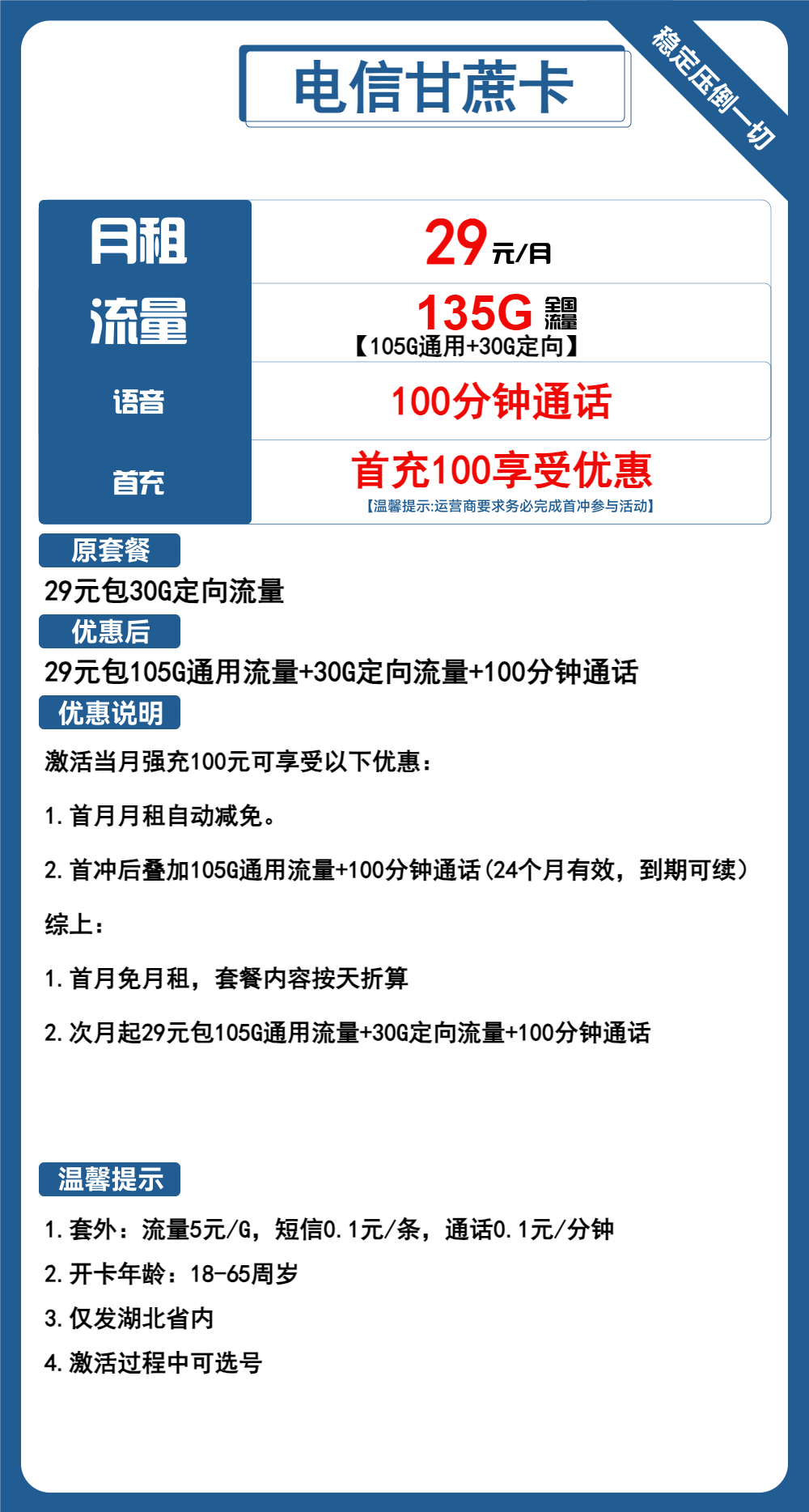 电信甘蔗卡29元/135G/100分钟