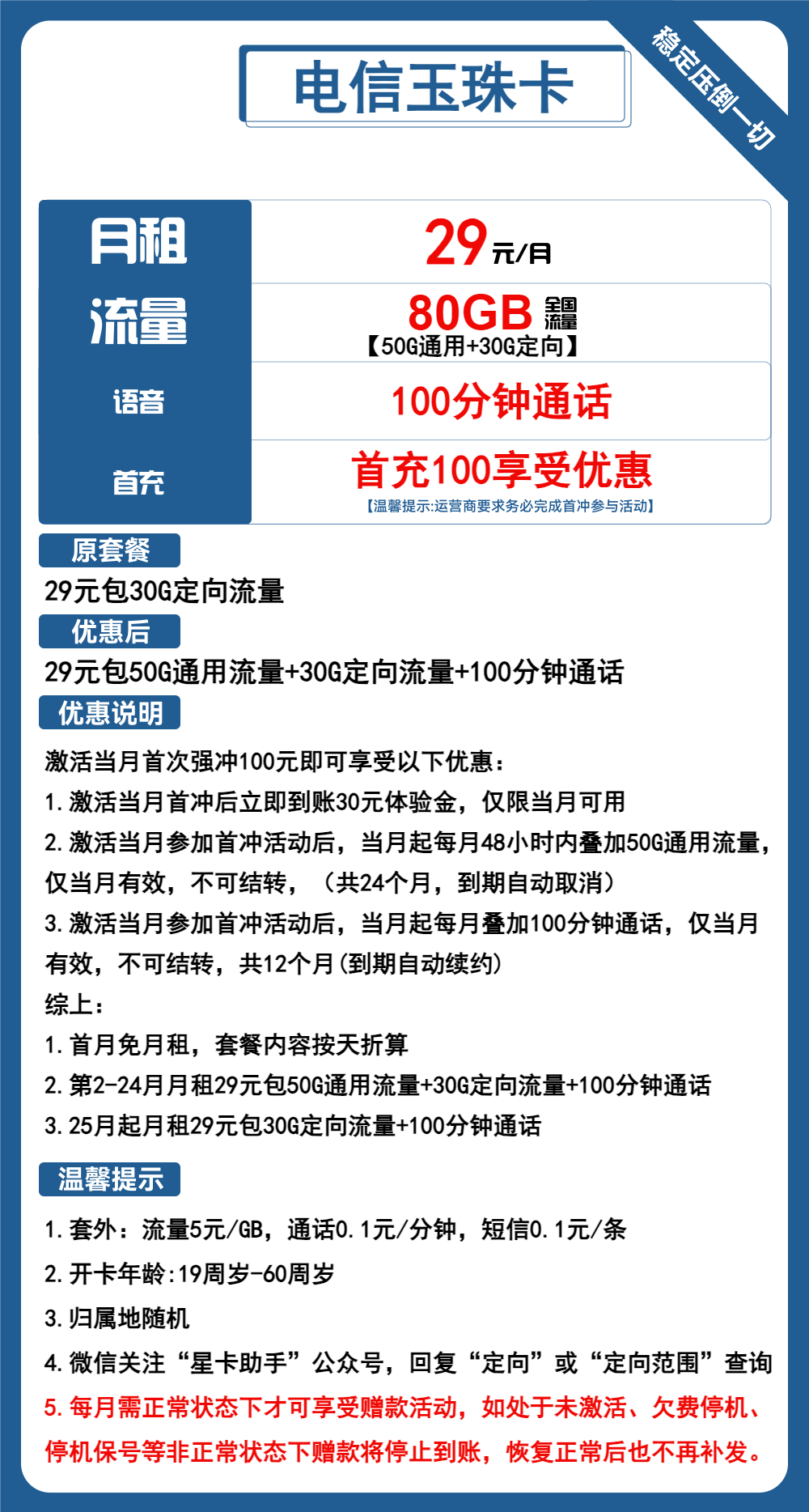 电信玉珠卡29元/80G/100分钟