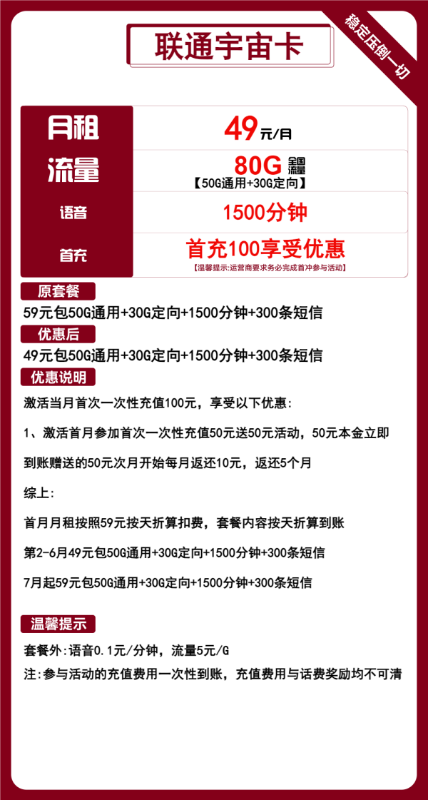 联通宇宙卡49元/80G/1500分钟