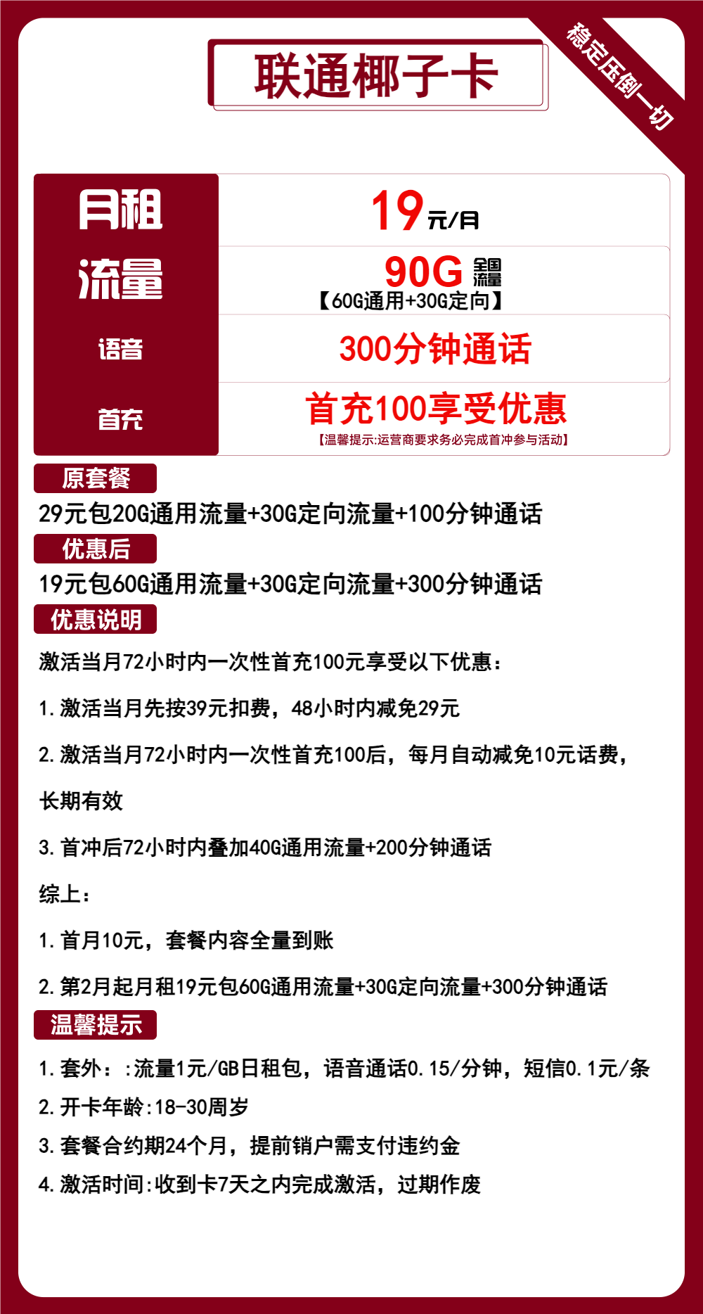 联通椰子卡19元/90G/300分钟