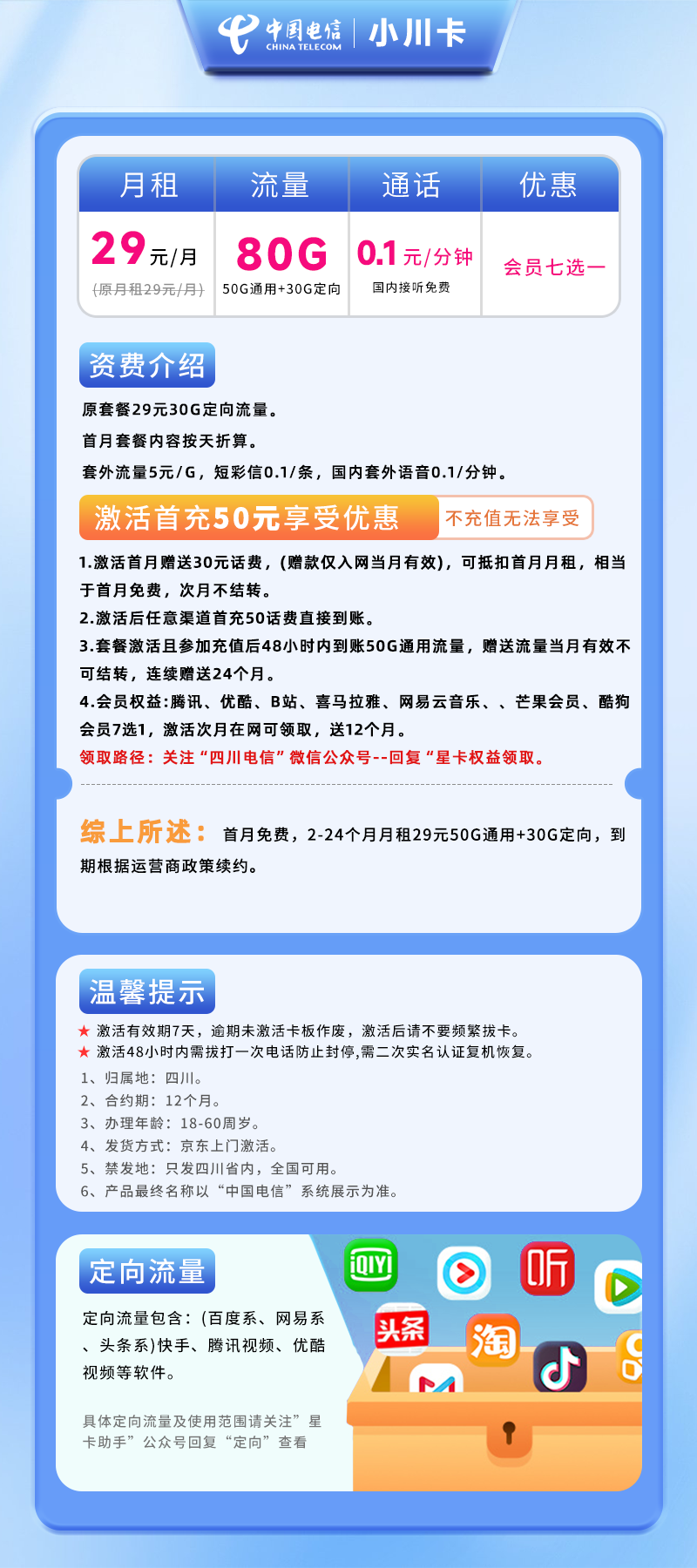 电信小川卡29元/80G