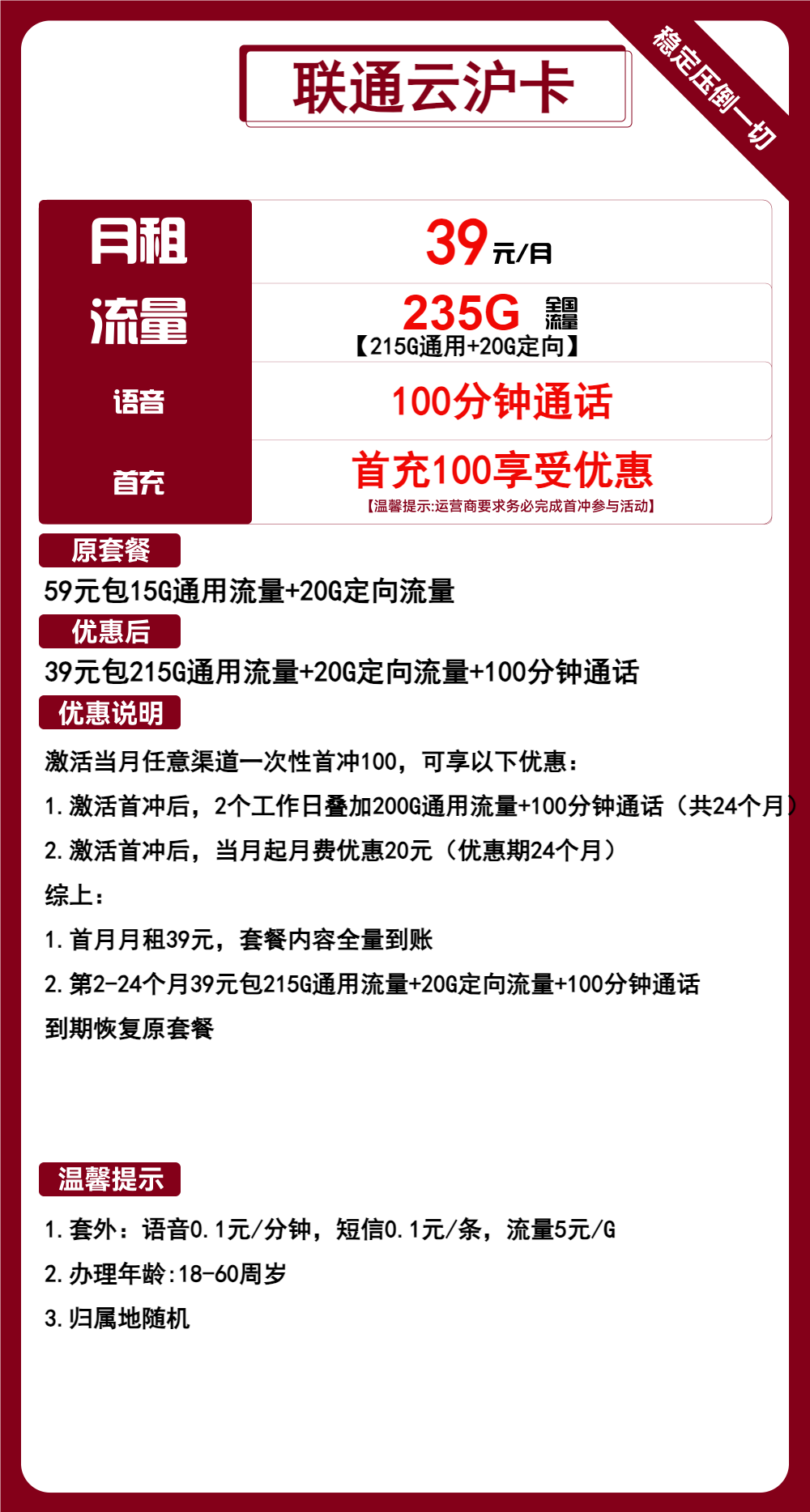 联通云沪卡39元/235G/100分钟