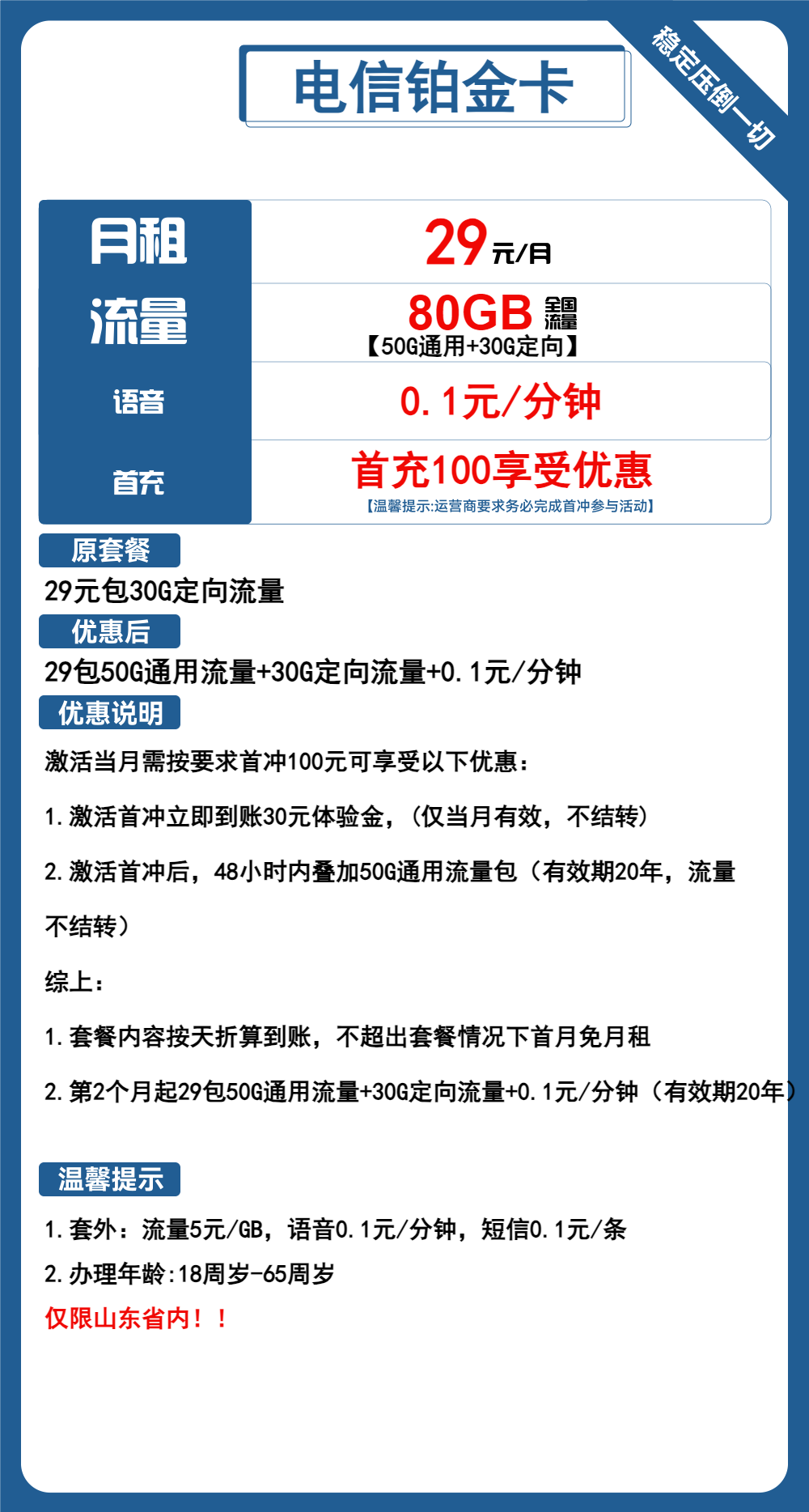 电信铂金卡29元/80G