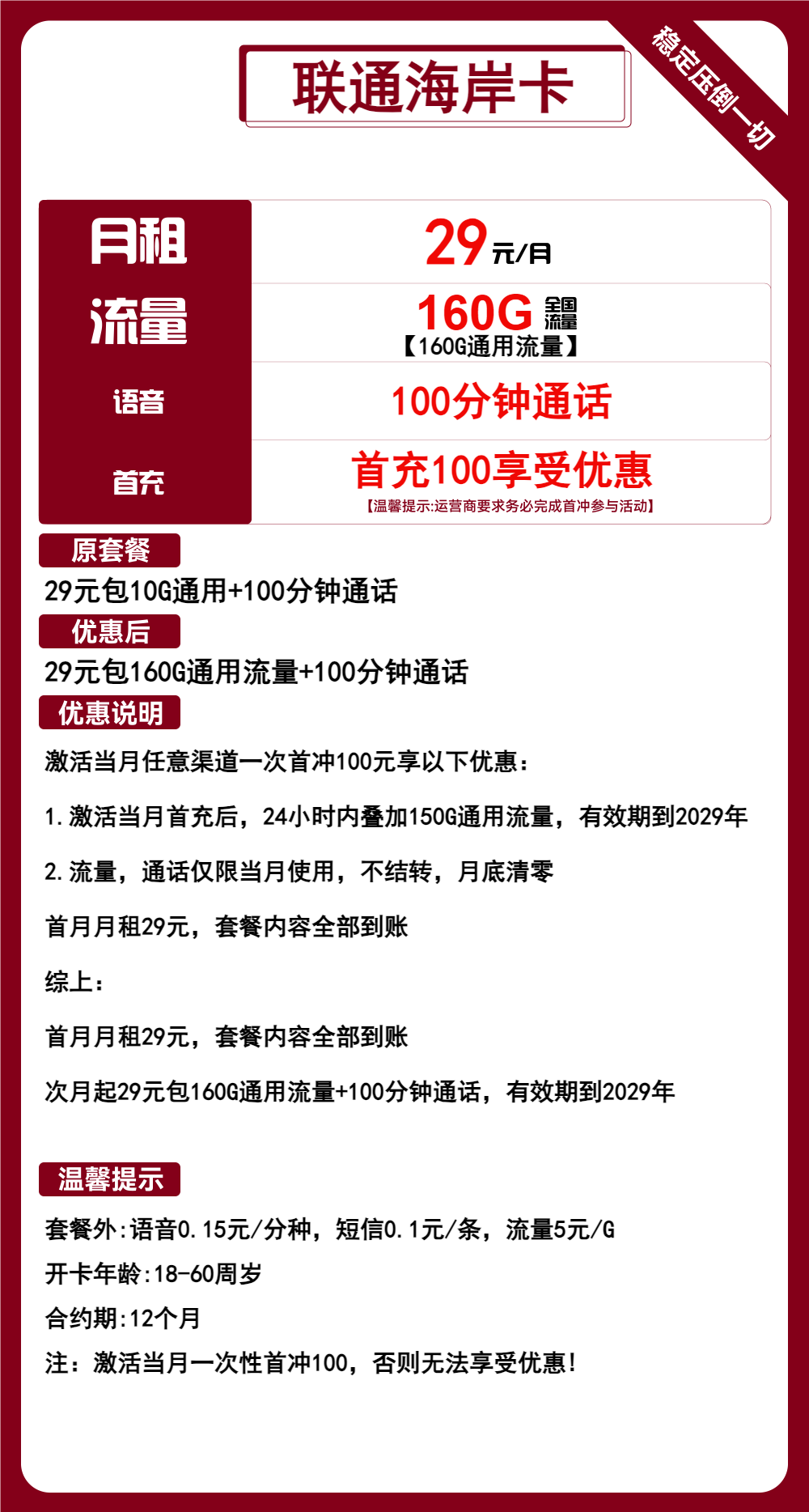 联通海岸卡29元/160G/100分钟