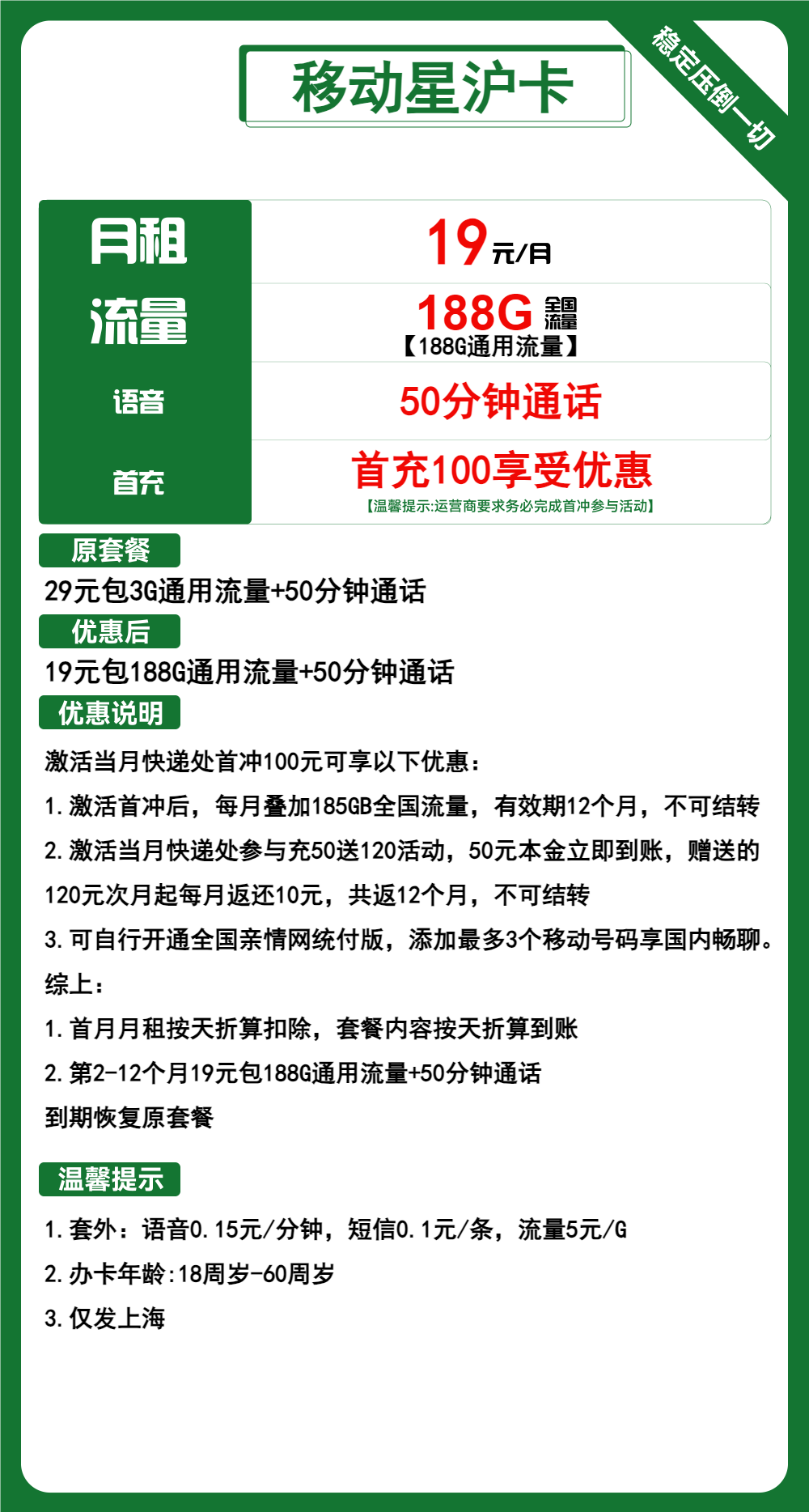 移动星沪卡19元/188G/50分钟