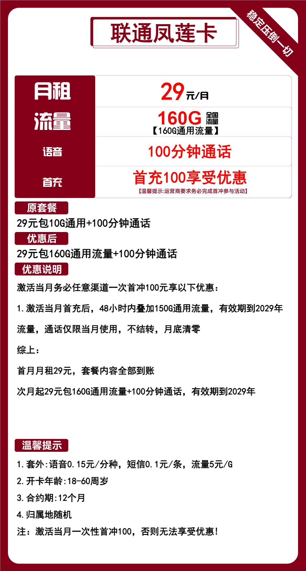 联通凤莲卡29元/160G/100分钟