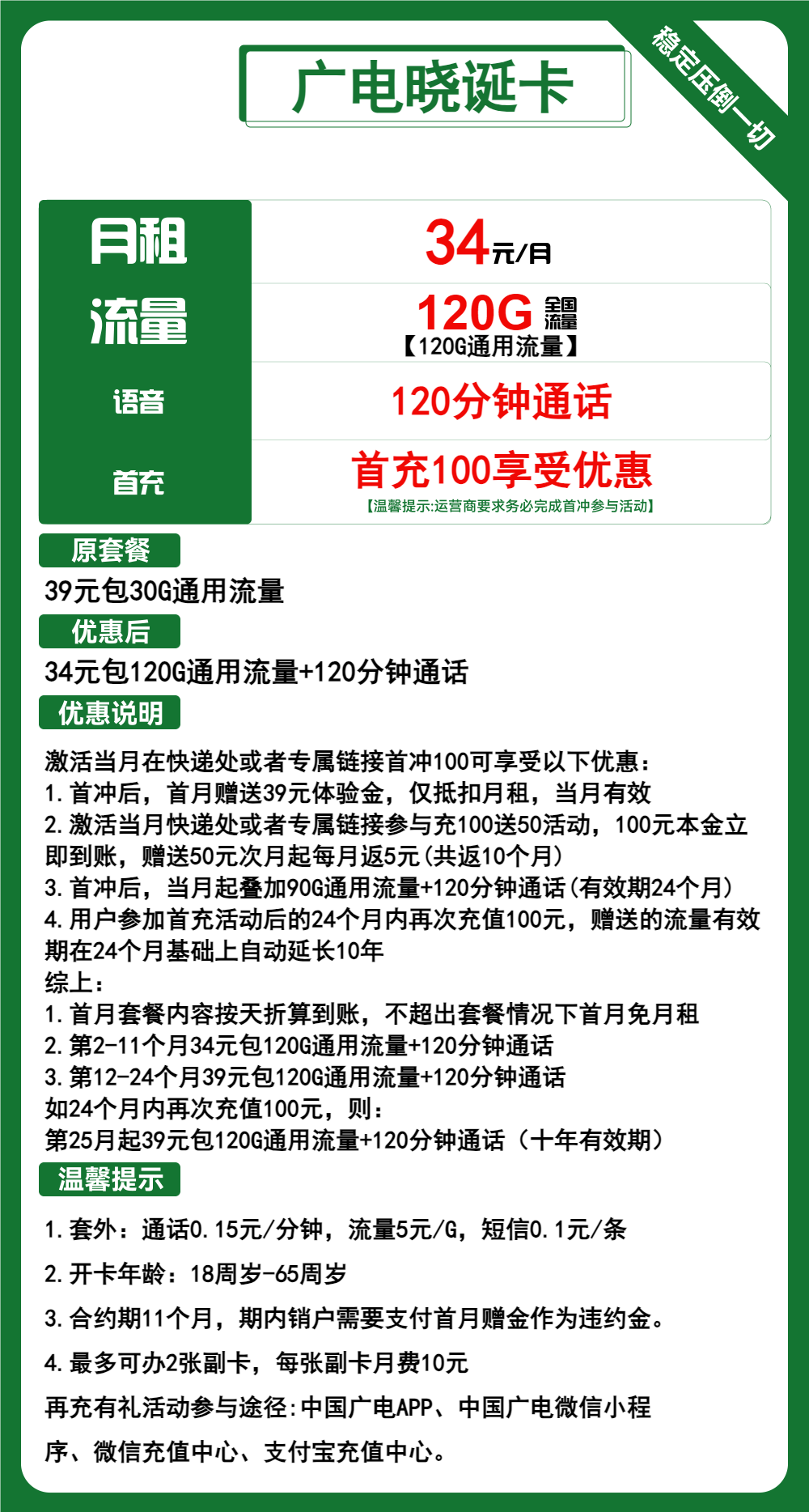 广电晓诞卡34元/120G/120分钟