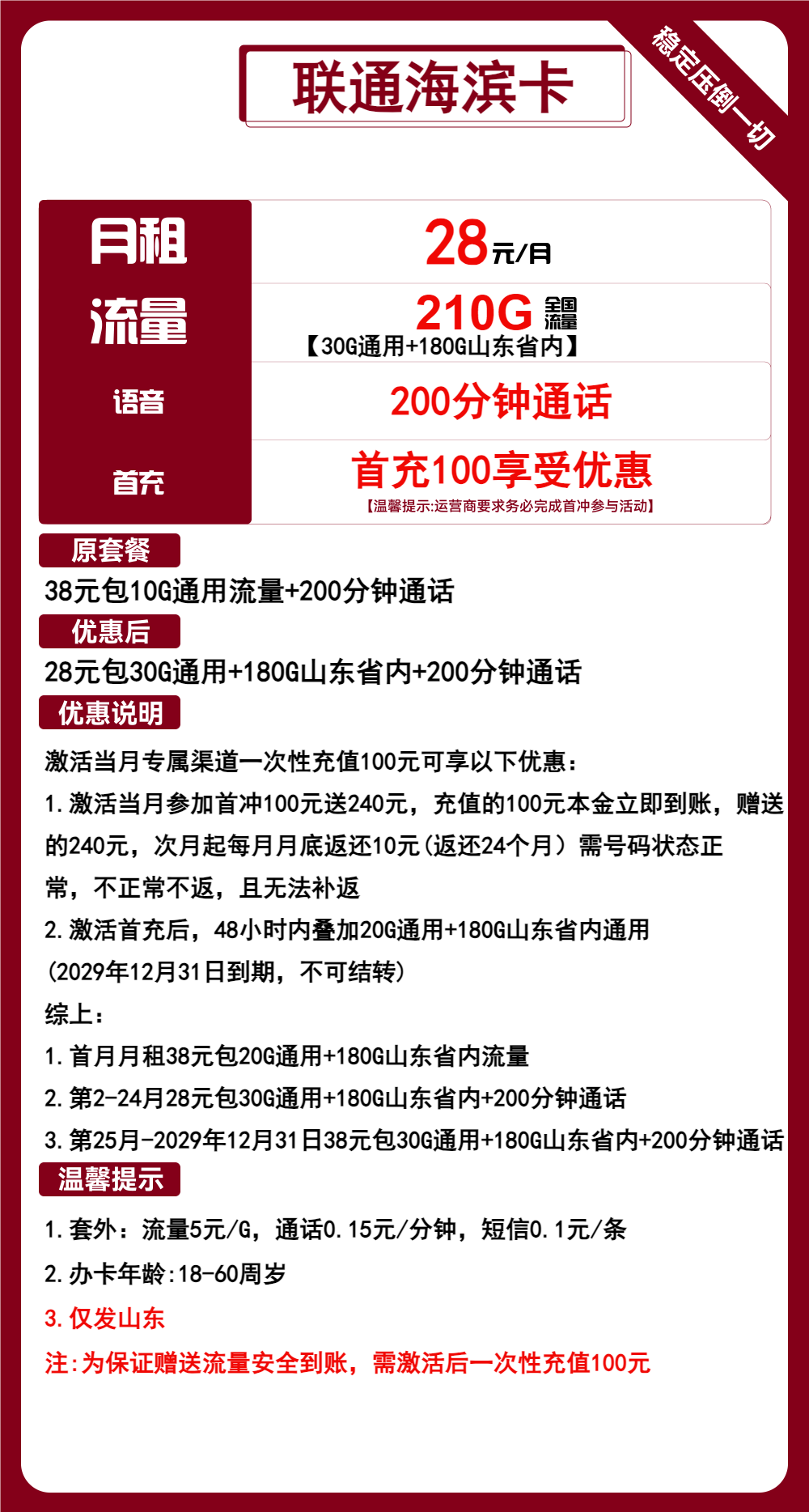 联通海滨卡28元/210G/200分钟
