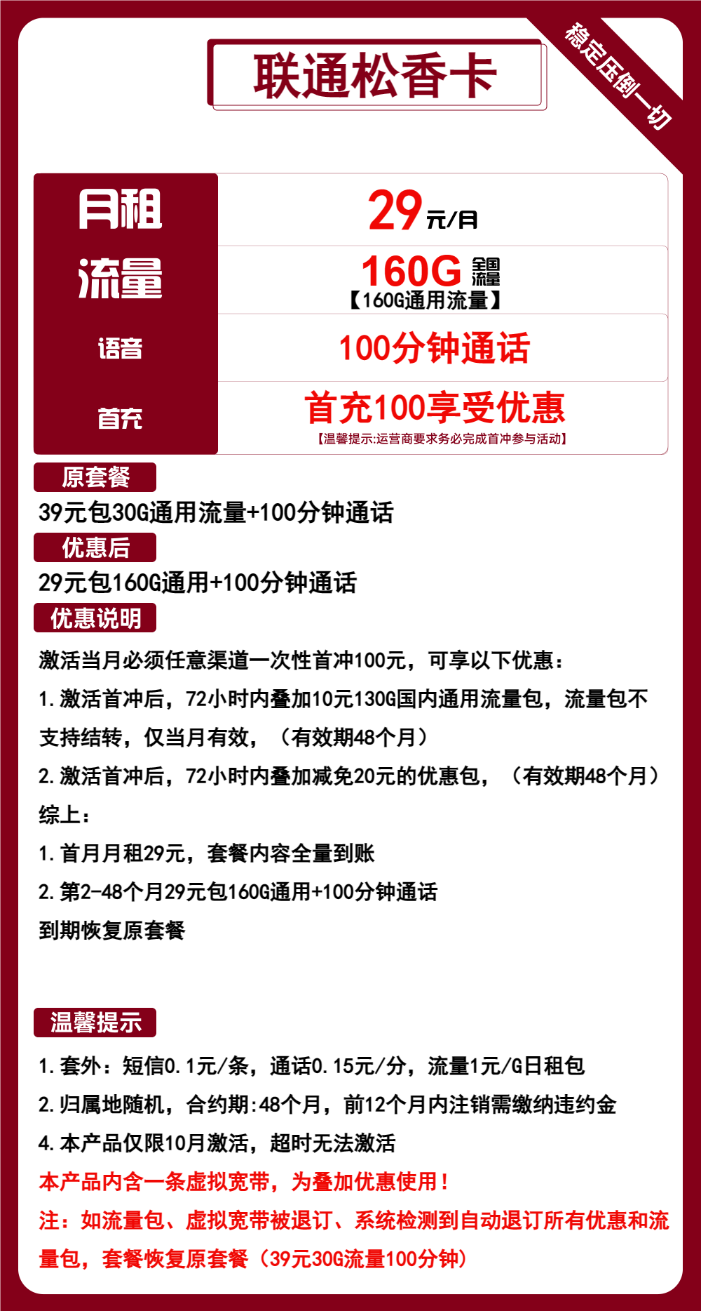 联通松香卡29元/160G/100分钟