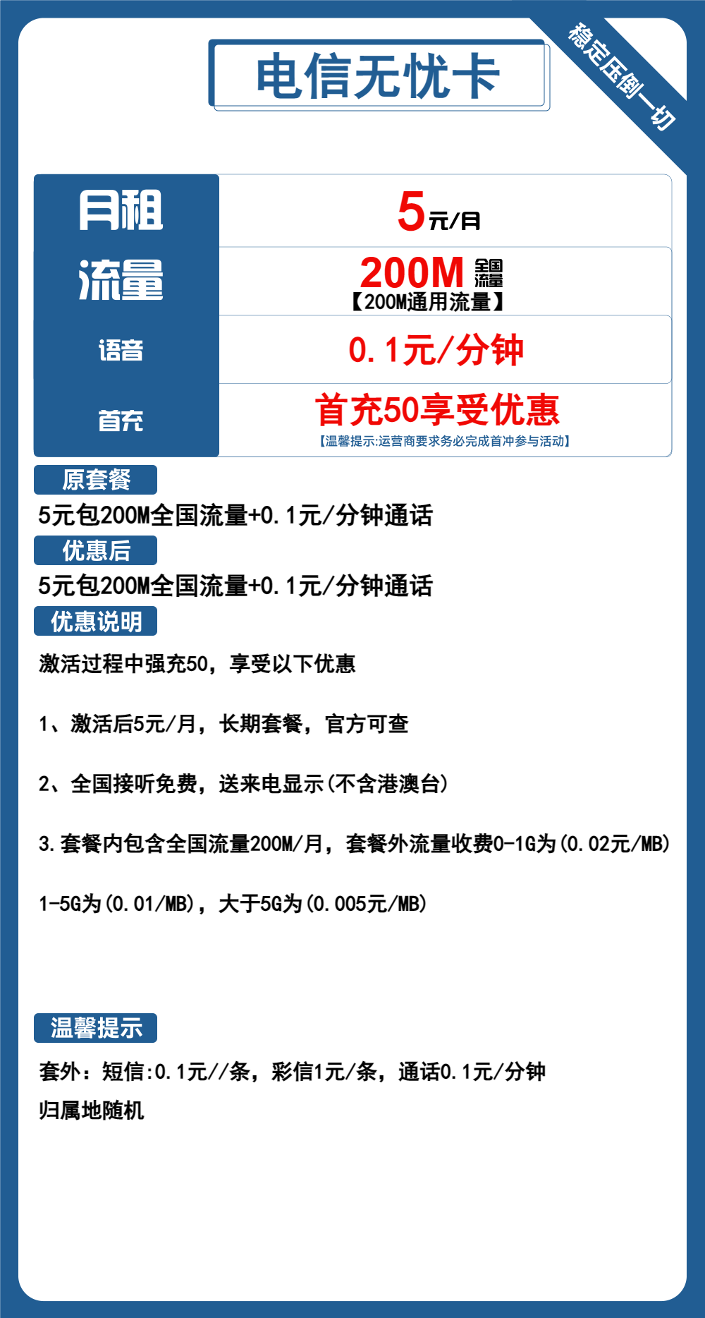 电信无忧卡5元/200M