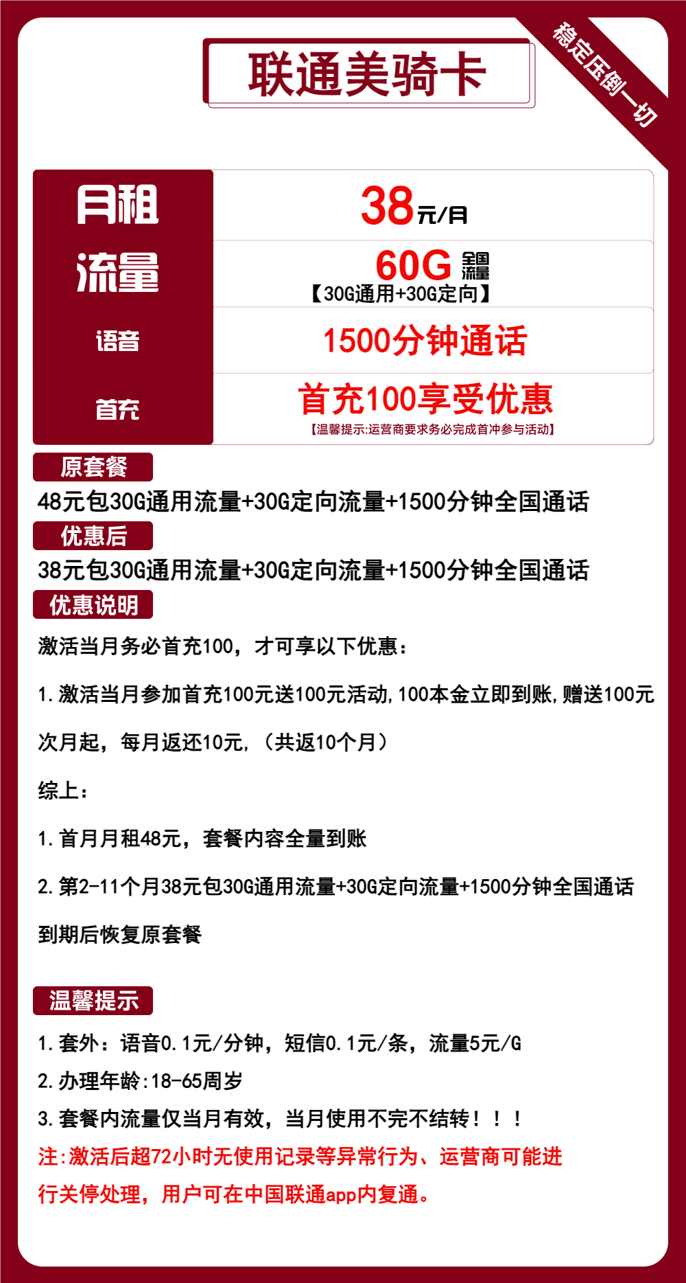 联通美骑卡38元/60G/1500分钟