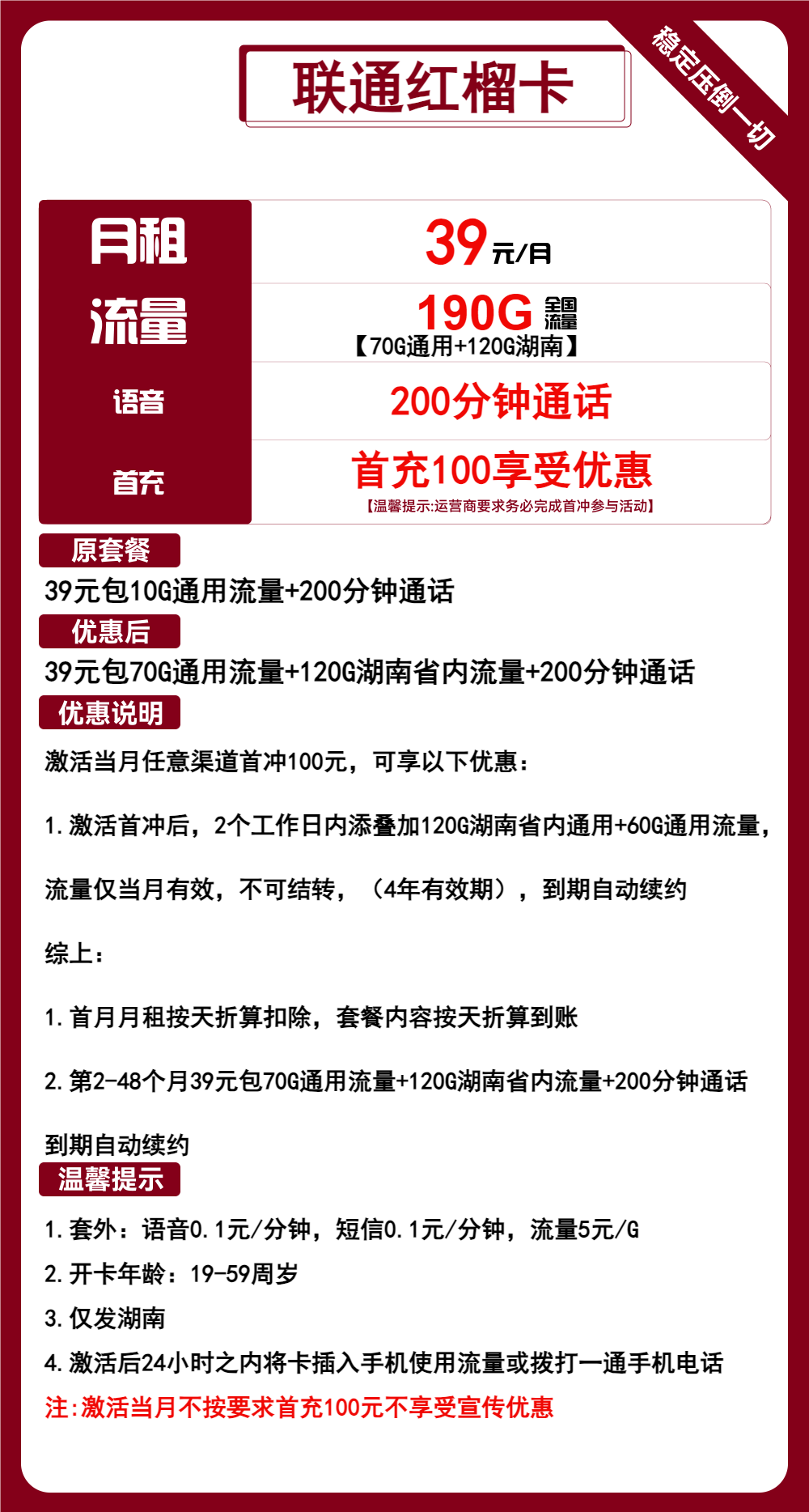 联通红榴卡39元/190G/200分钟