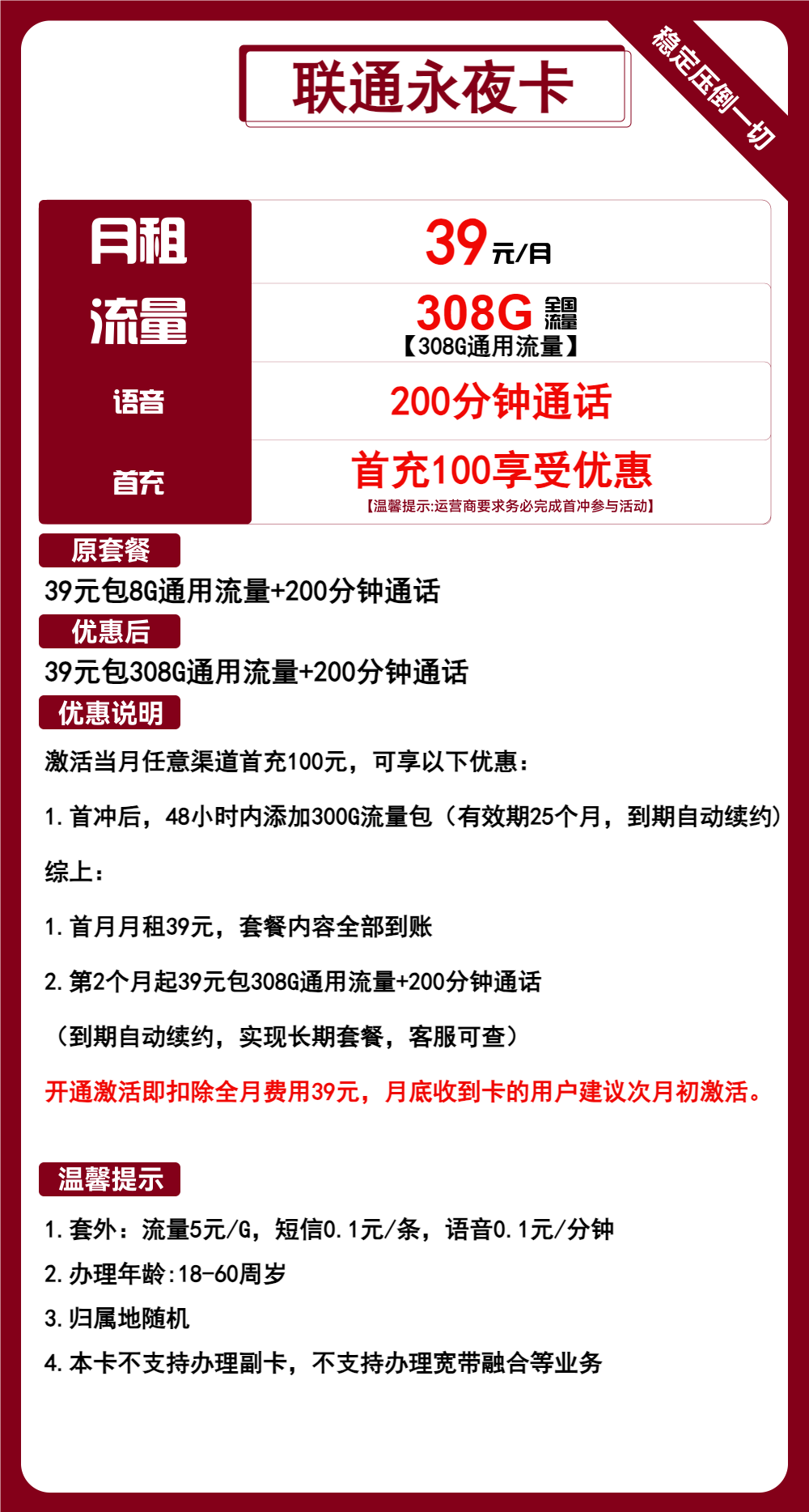 联通永夜卡39元/308G/200分钟