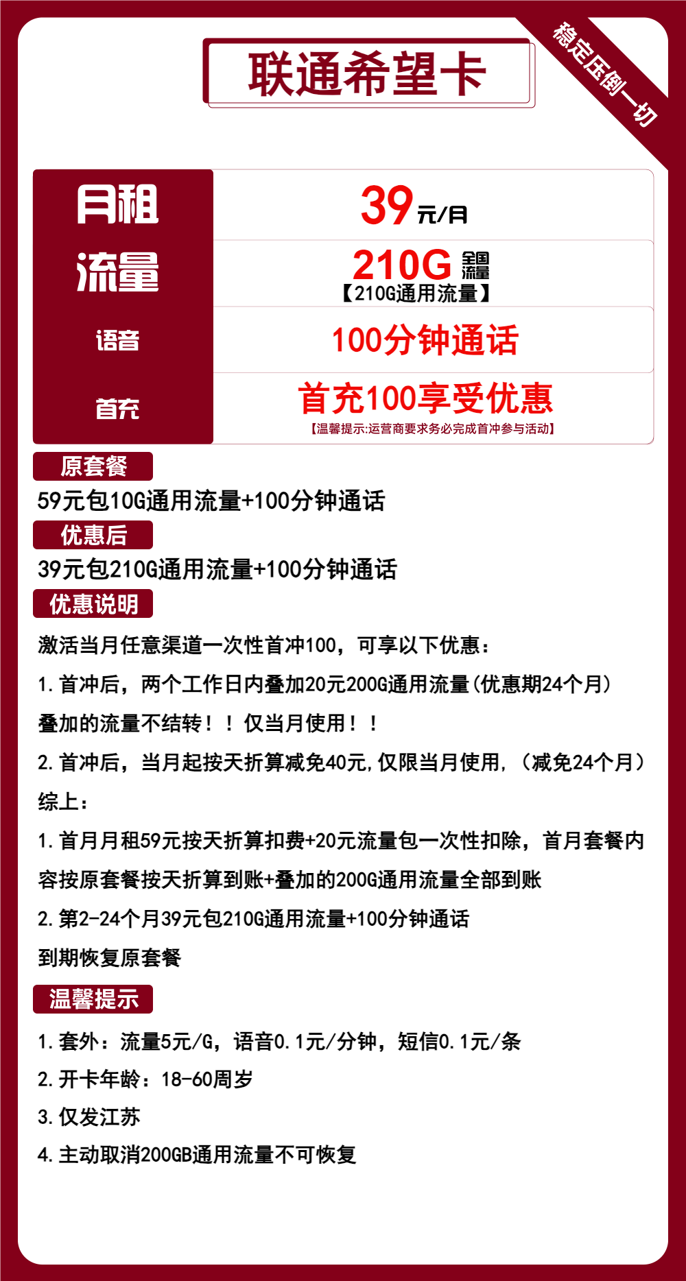 江苏联通希望卡39元/210G/100分钟