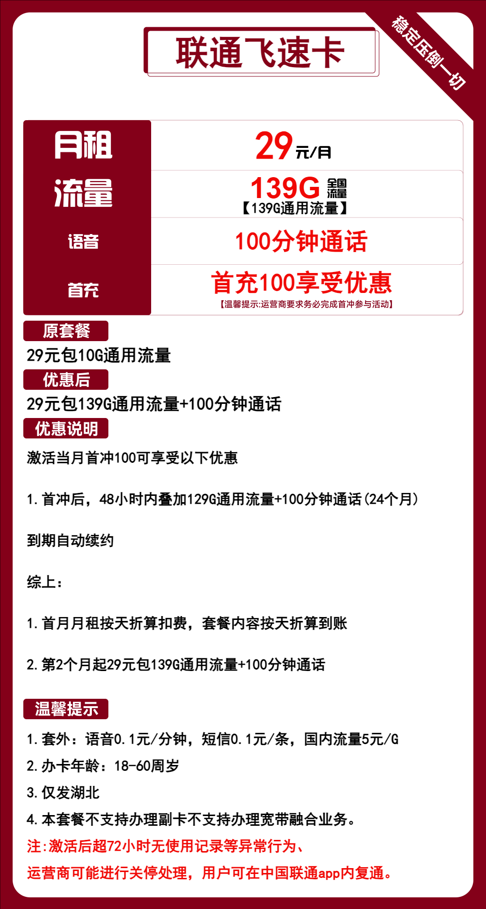 湖北联通飞速卡29元/135G/100分钟
