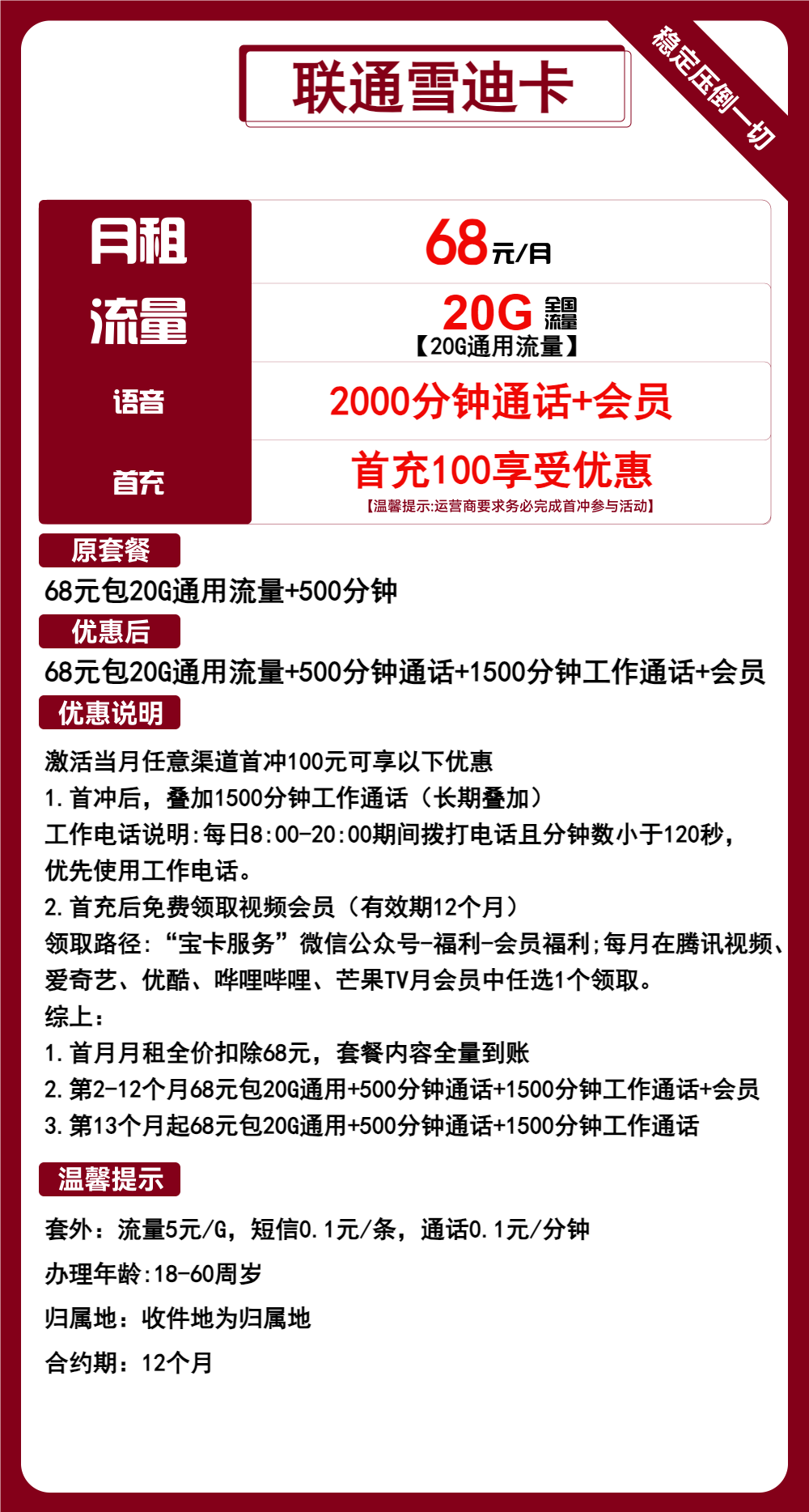联通雪迪卡68元/20G/2000分钟