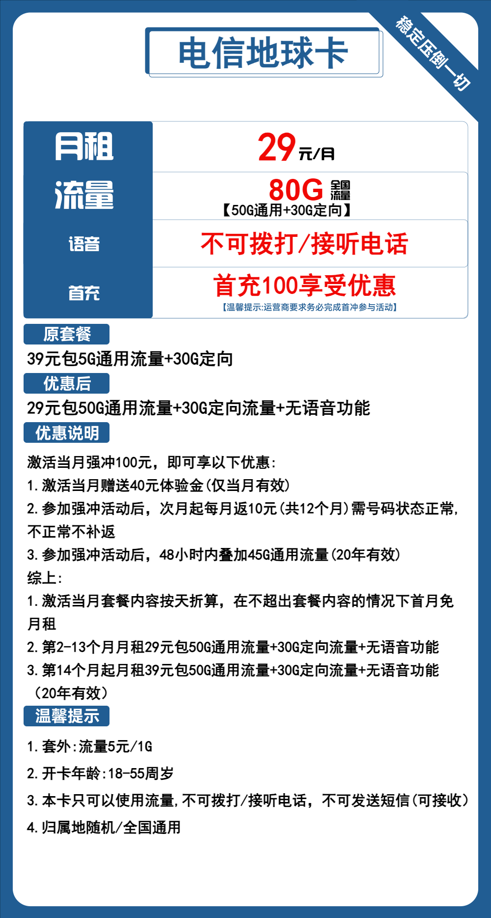 电信地球卡29元/80G