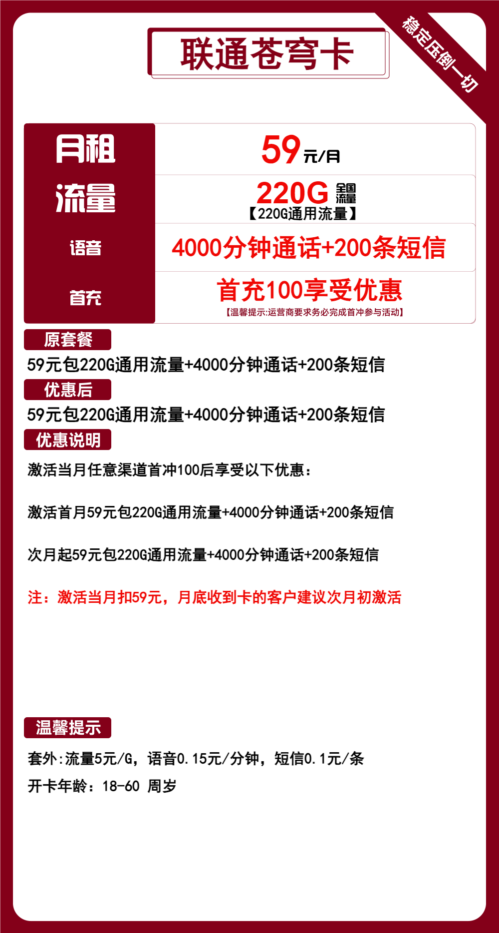 联通苍穹卡59元/220G/4000分钟