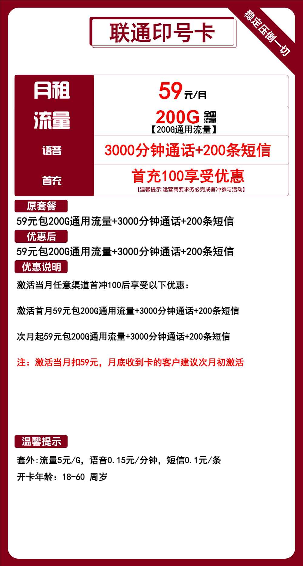 联通印号卡59元/200G/3000分钟