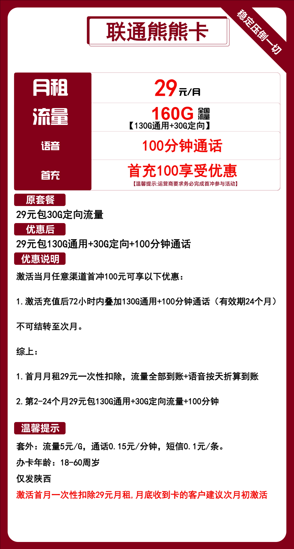 陕西联通熊熊卡29元/160G