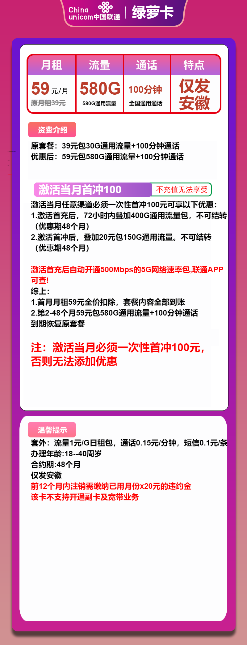 安徽联通绿萝卡59元/580G/100分钟