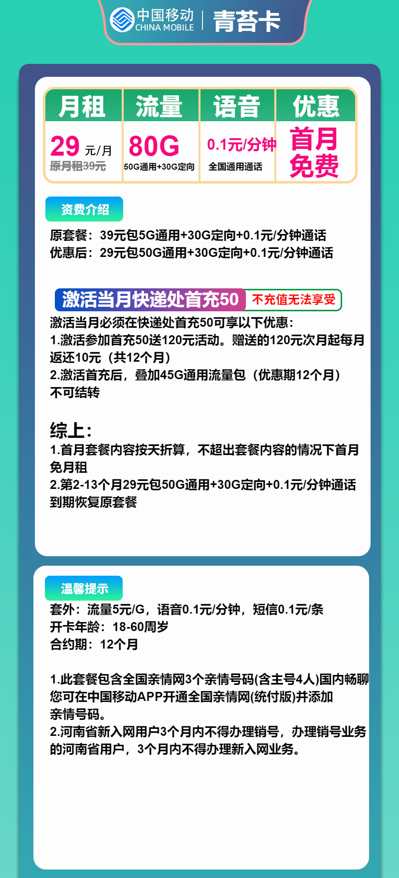 移动青苔卡29元/80G