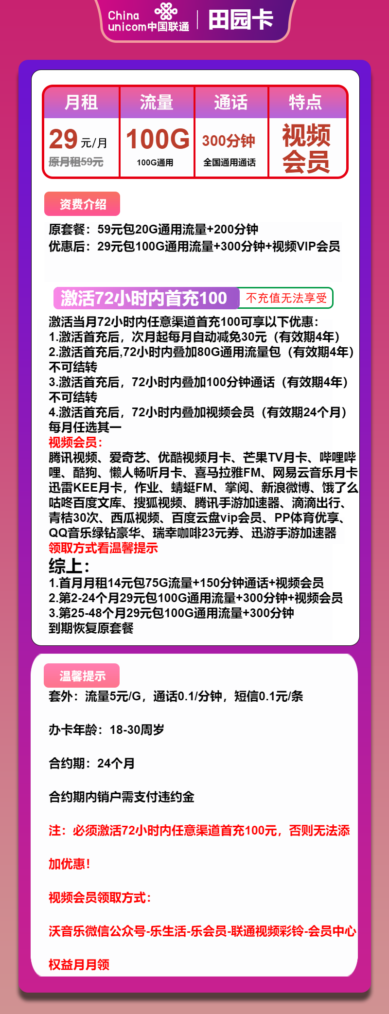 联通田园卡29元/100G/300分钟