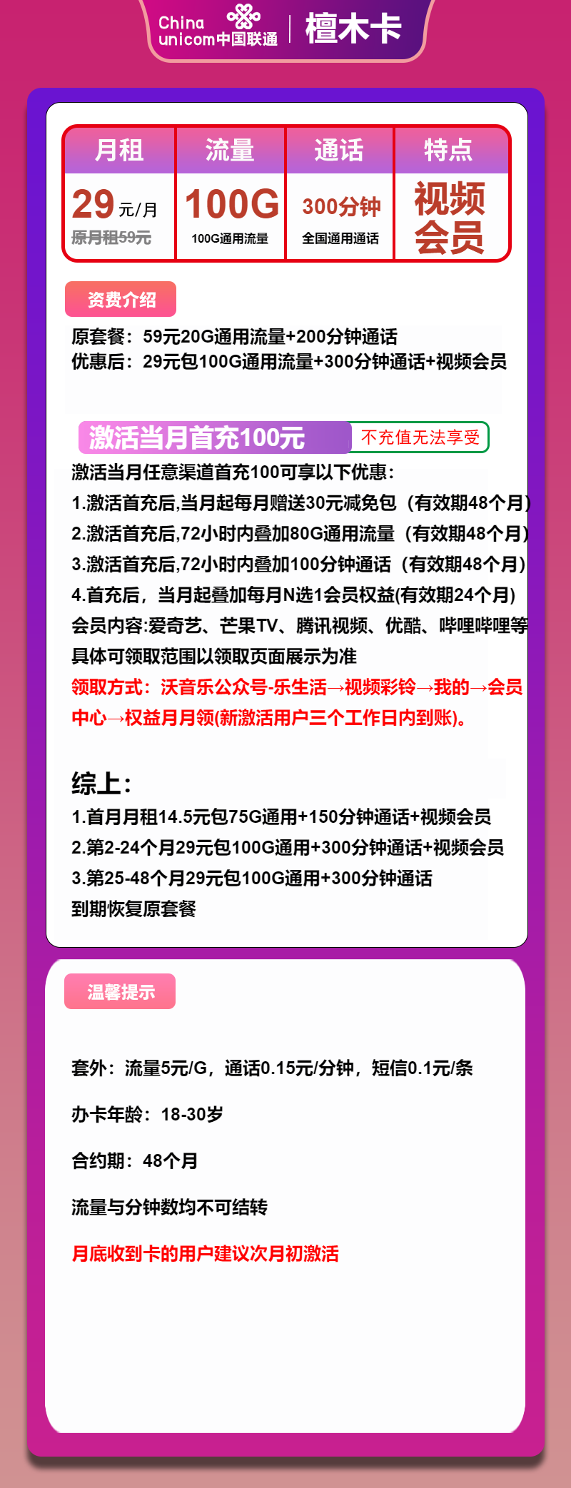 联通檀木卡29元/100G/300分钟