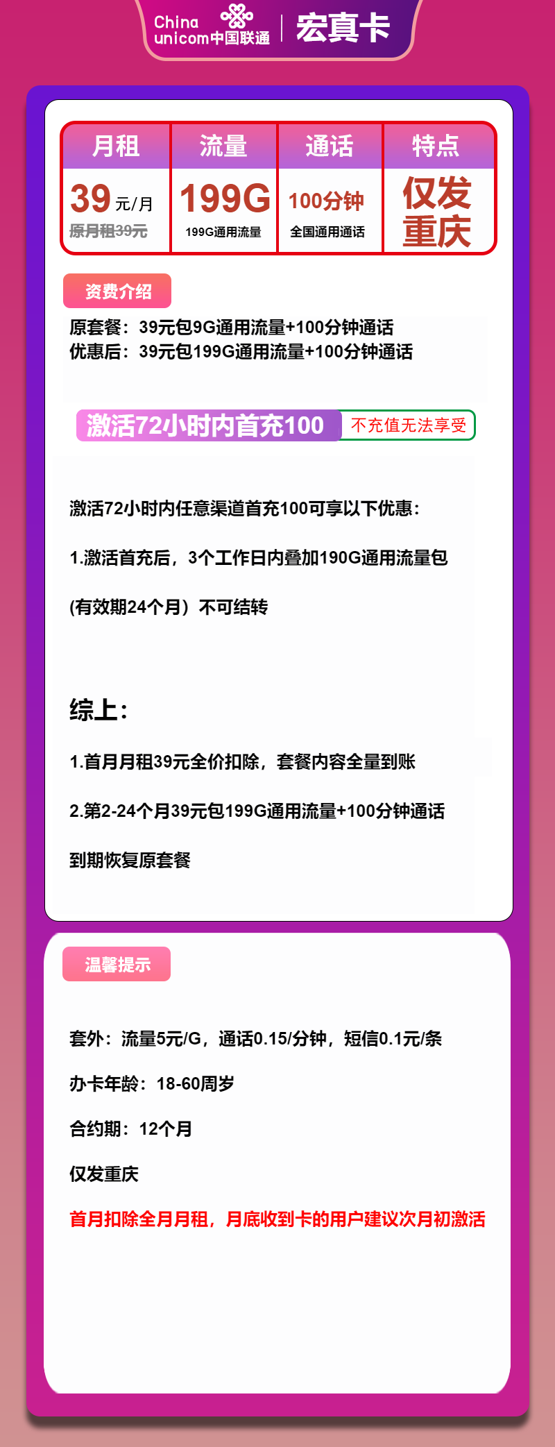 重庆联通宏真卡39元/199G/100分钟