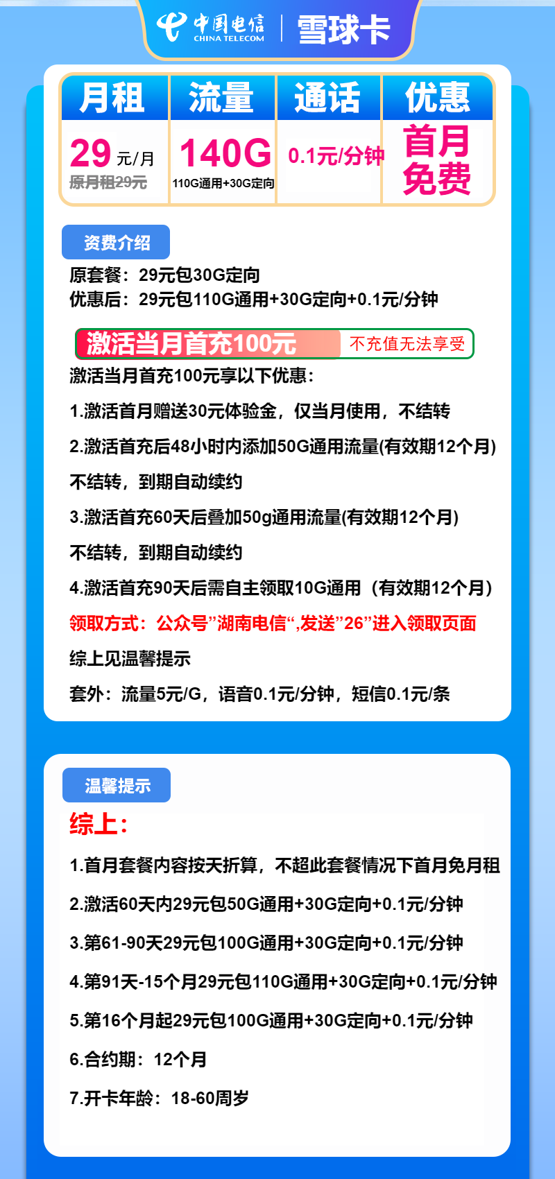 电信雪球卡29元/140G