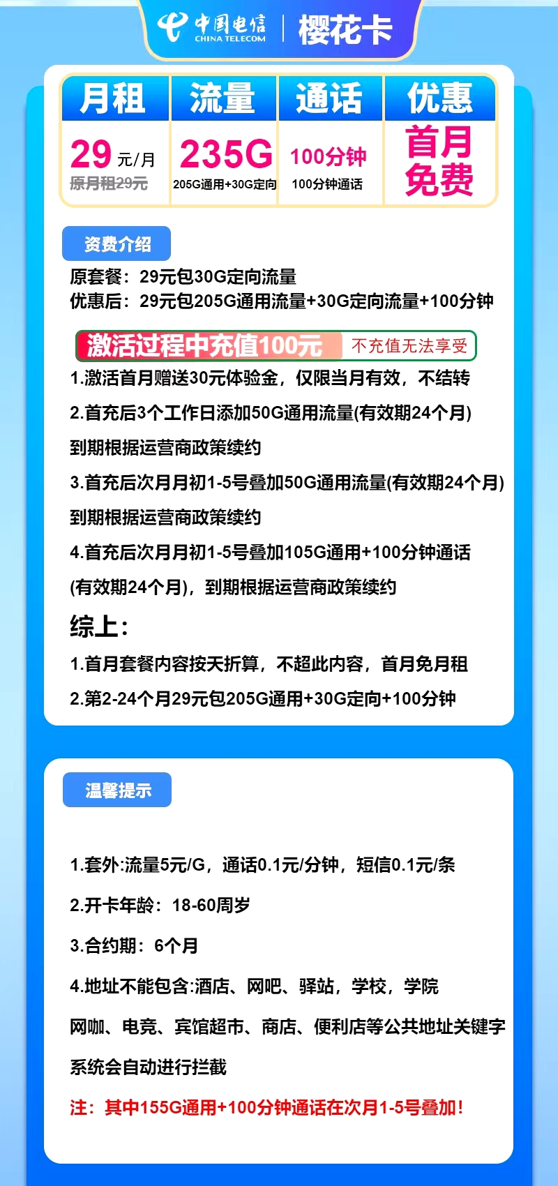 电信樱花卡29元/235G/100分钟