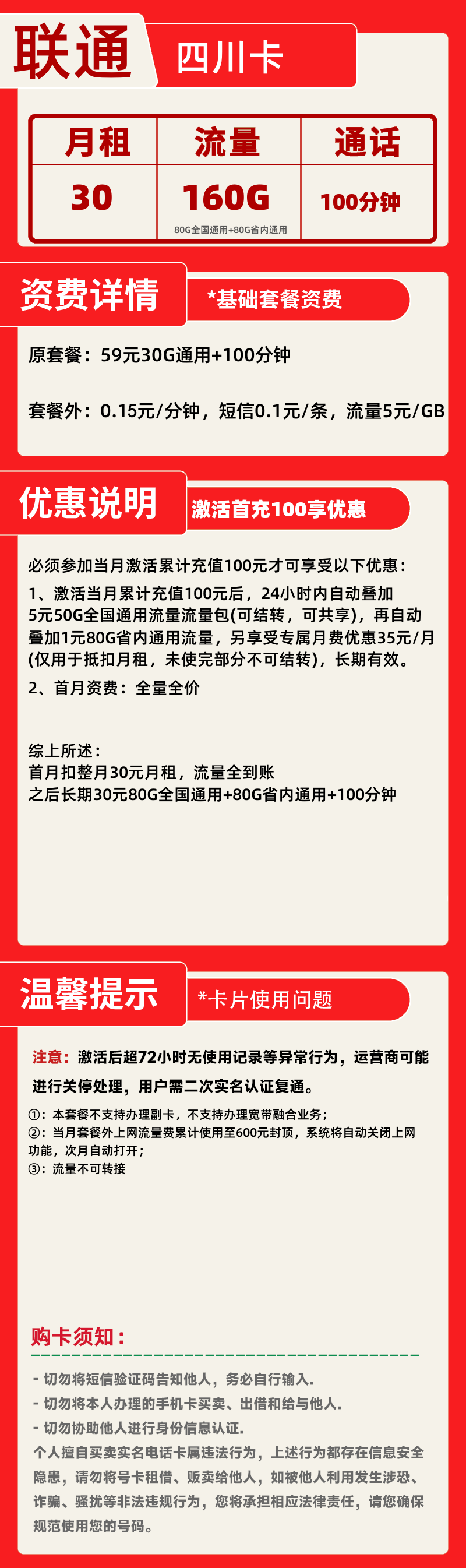 联通四川卡丨30元160G+100分钟