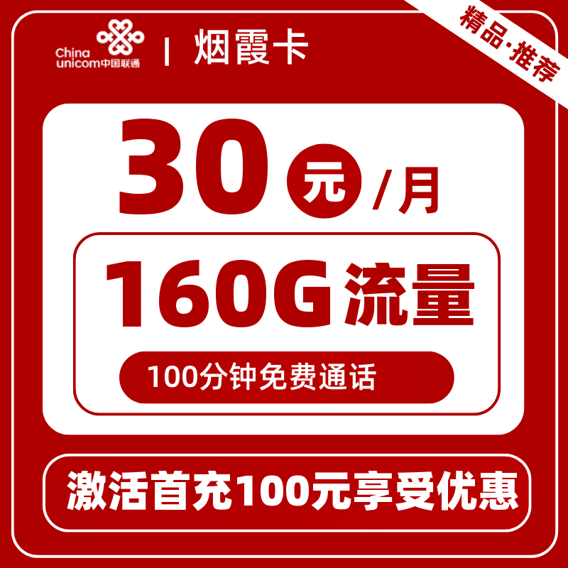 联通烟霞卡丨30元160G+100分钟
