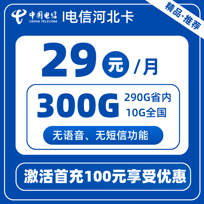 电信河北卡(29元290G省内通用+10G全国通用)